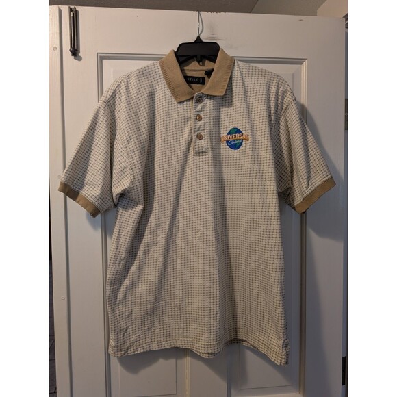 Universal Orlando Polo Shirt Men’s Medium Stylo Golf Beige Check Embroidered - Picture 10 of 10
